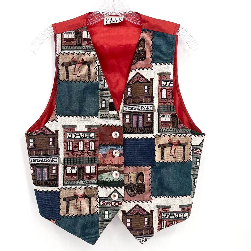 GOLD LINKS Women's Sz L Vintage 90s Old West Town 4-Button V-Neck Tapestry Vest